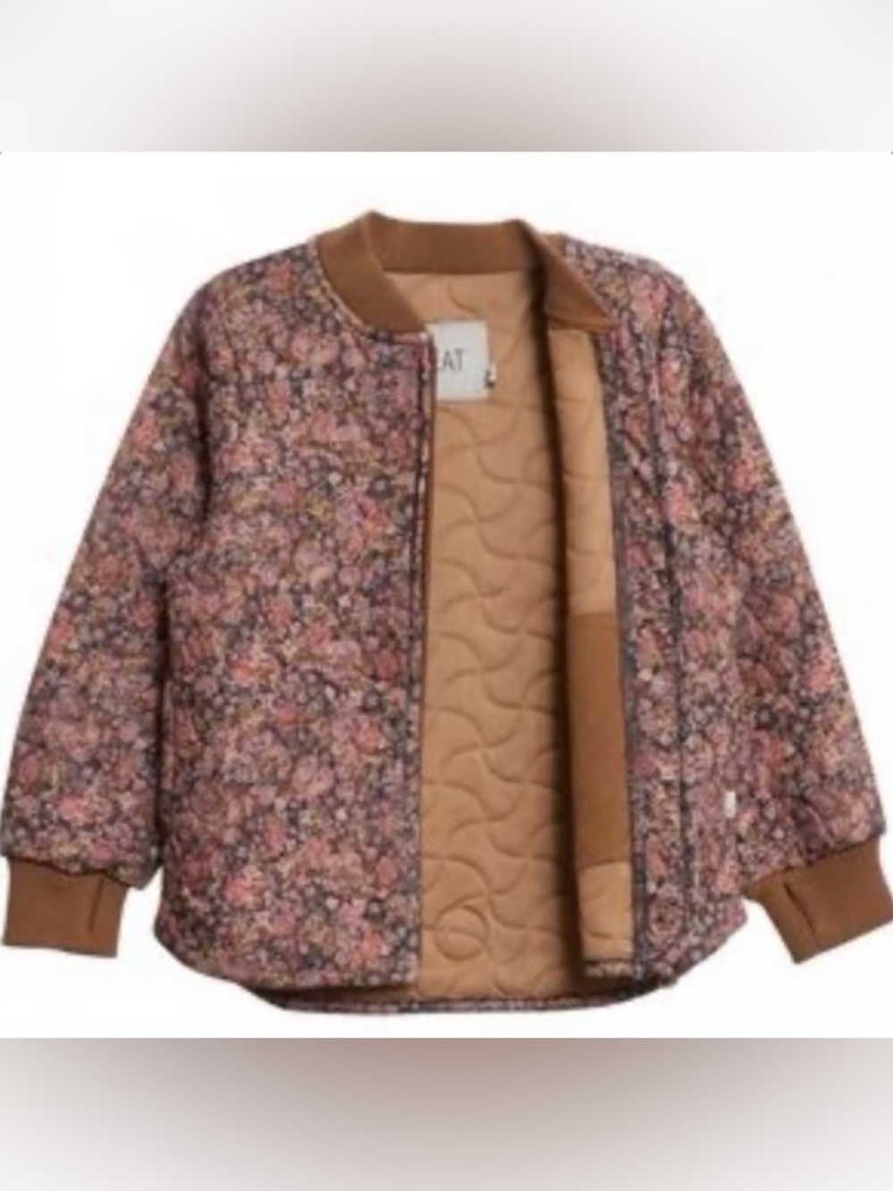 Wheat Quilted Bomber Jacket Zip Front Floral Tan Pink Size 12y